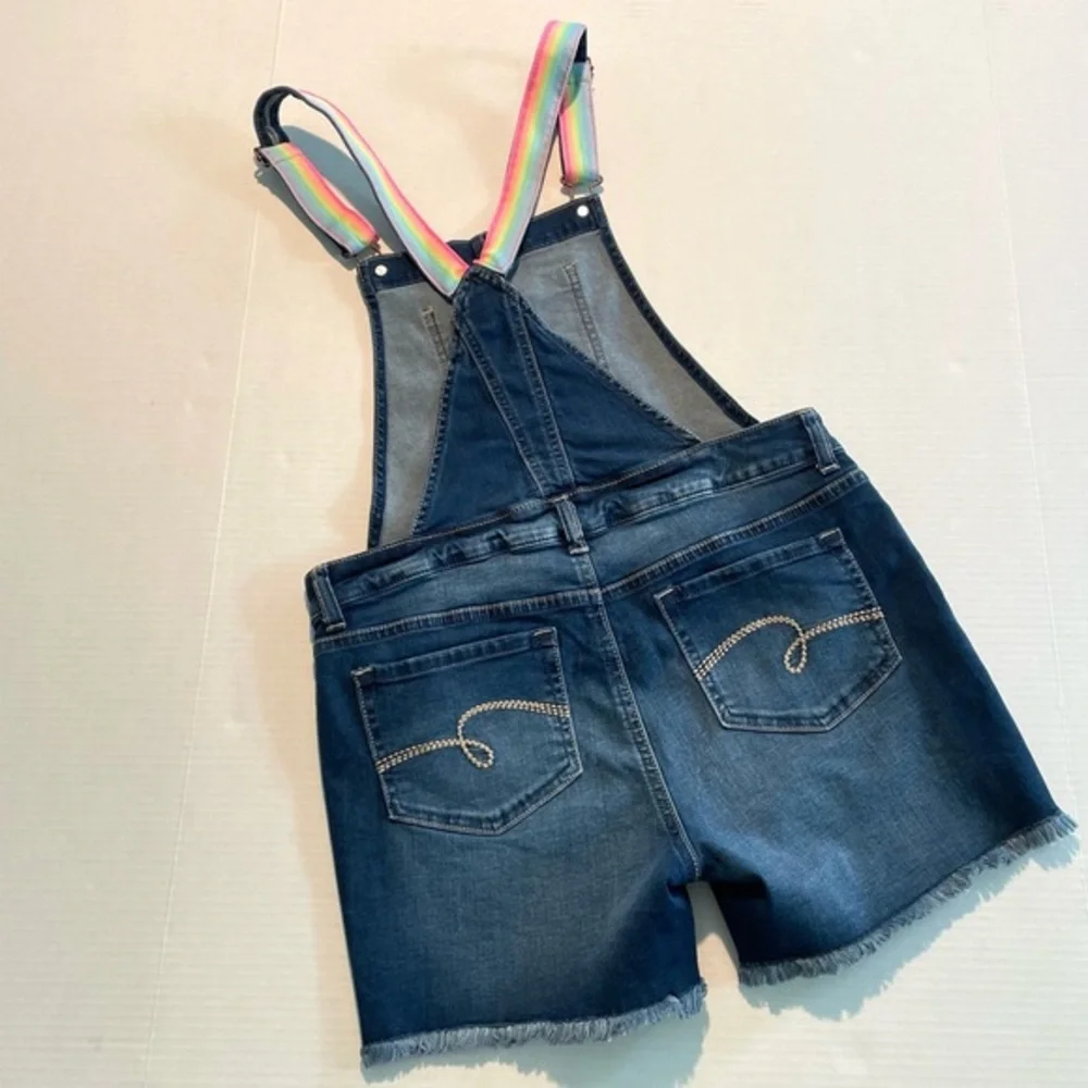 Justice Blue Denim Shortalls Multicolor straps Big Girl Size 18/ Fit Women’s S/M